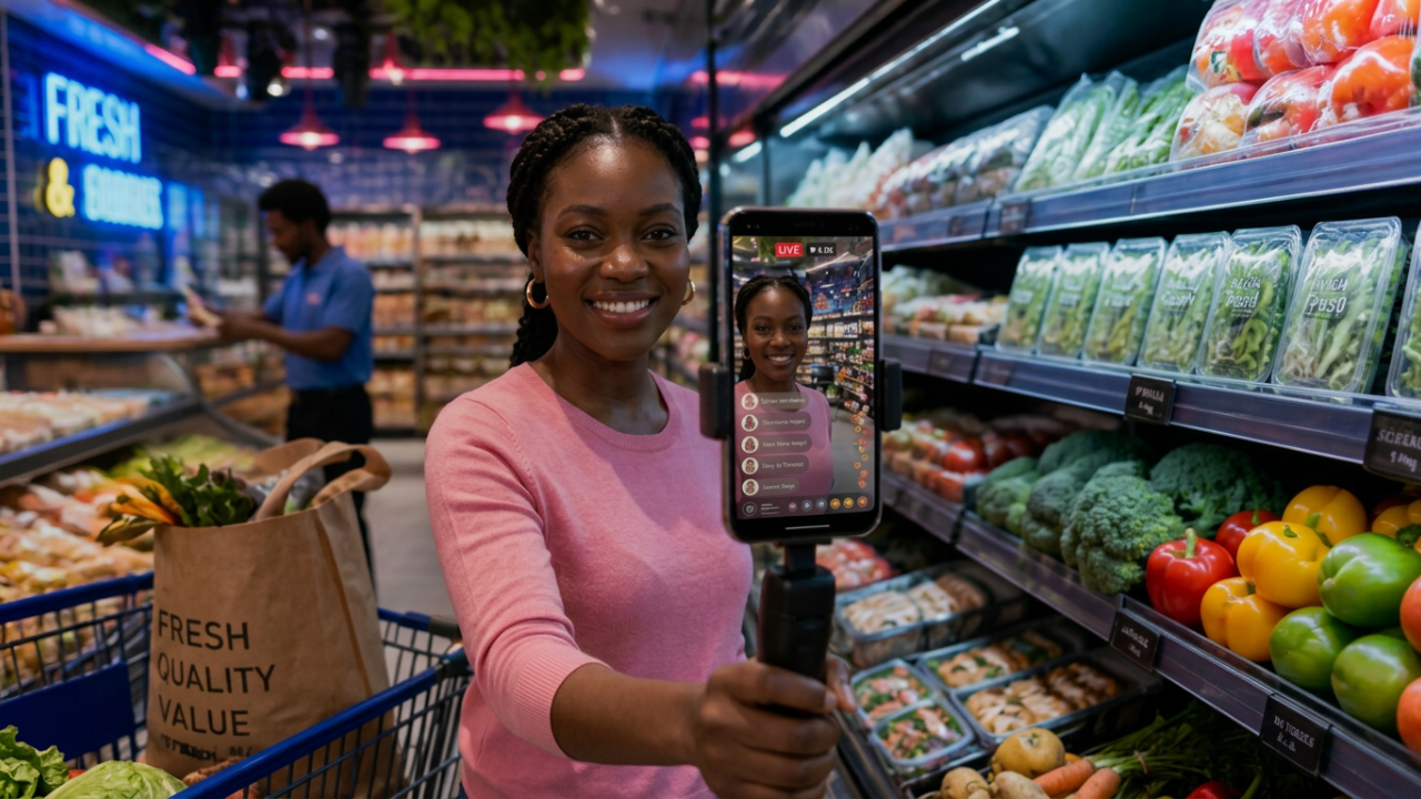 Shopper live streaming from a phone on a gimbal beside fresh produce in the Aimee by Angelo supermarket